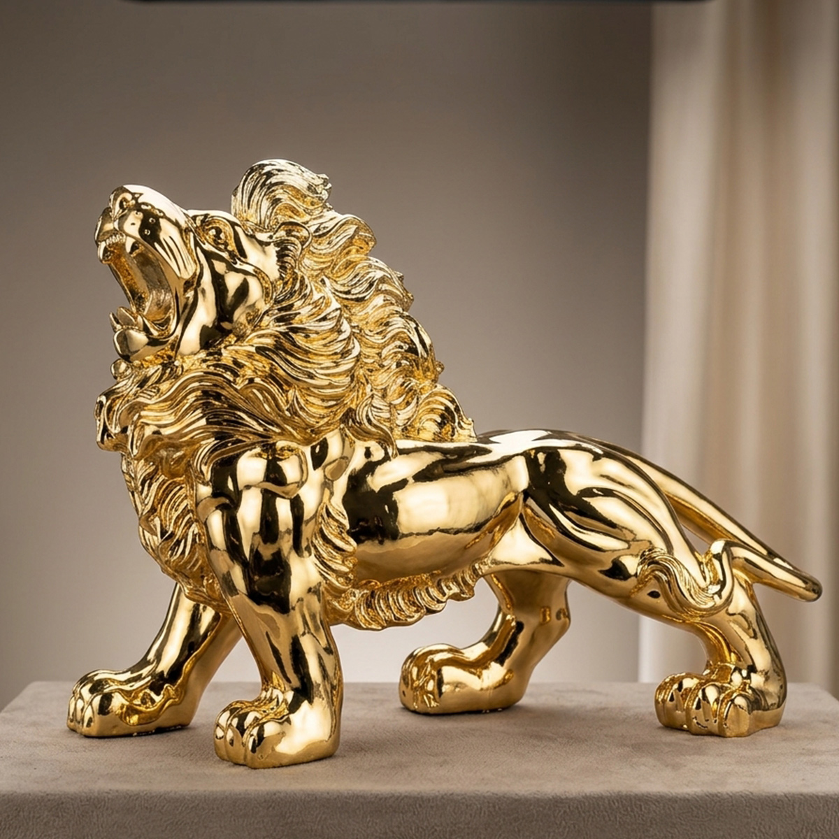 High Gloss Metallic Golden Roaring Lion Figure