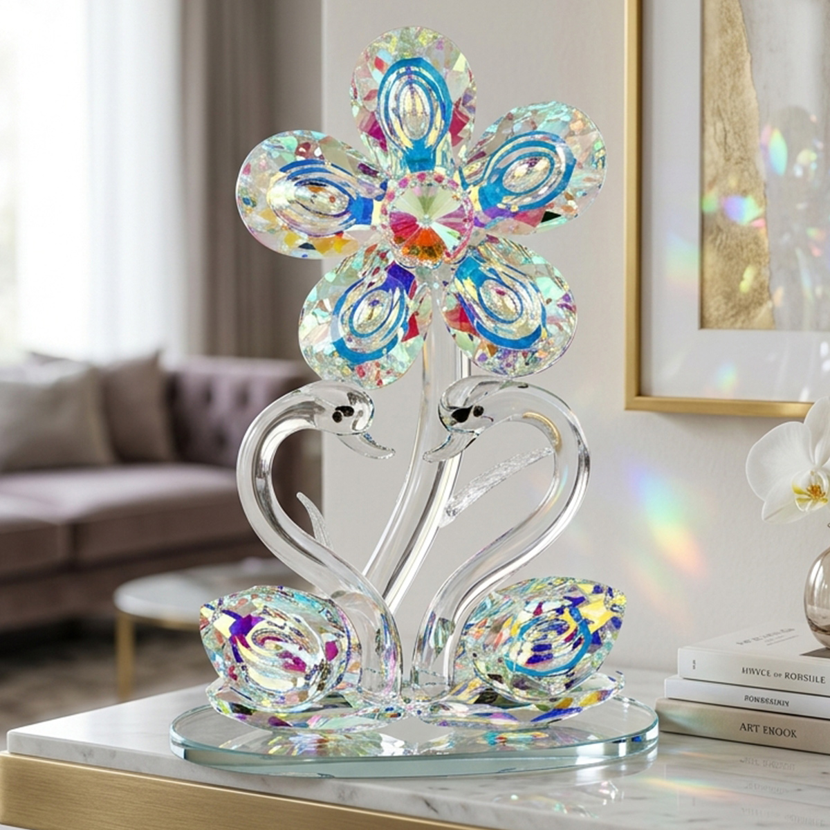 Crystal Swan and Flower Figurine