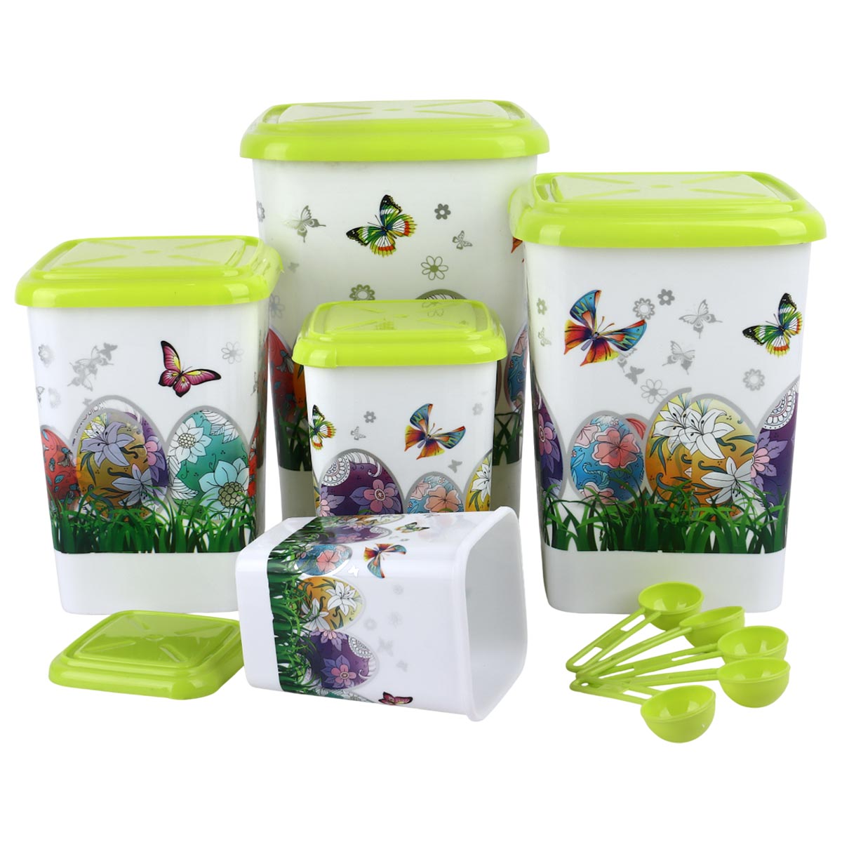 Printed Plastic Jar Set With Lid & Spoon 5 Pieces Set