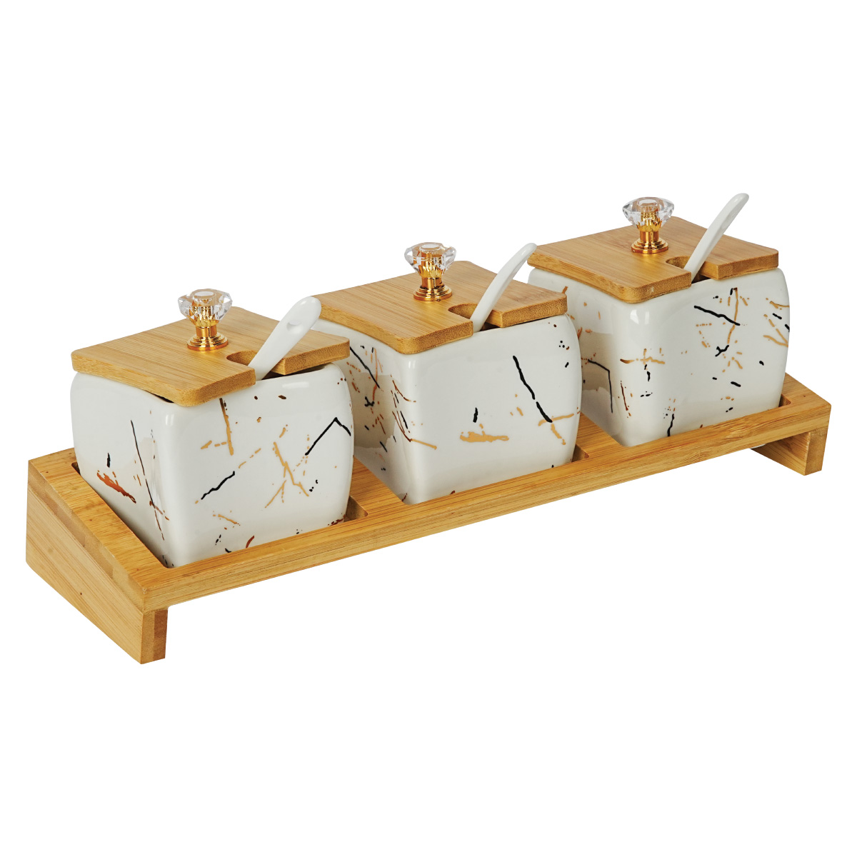 Ceramic Condiment Jar Set with Bamboo Tray 4 Pieces Assorted