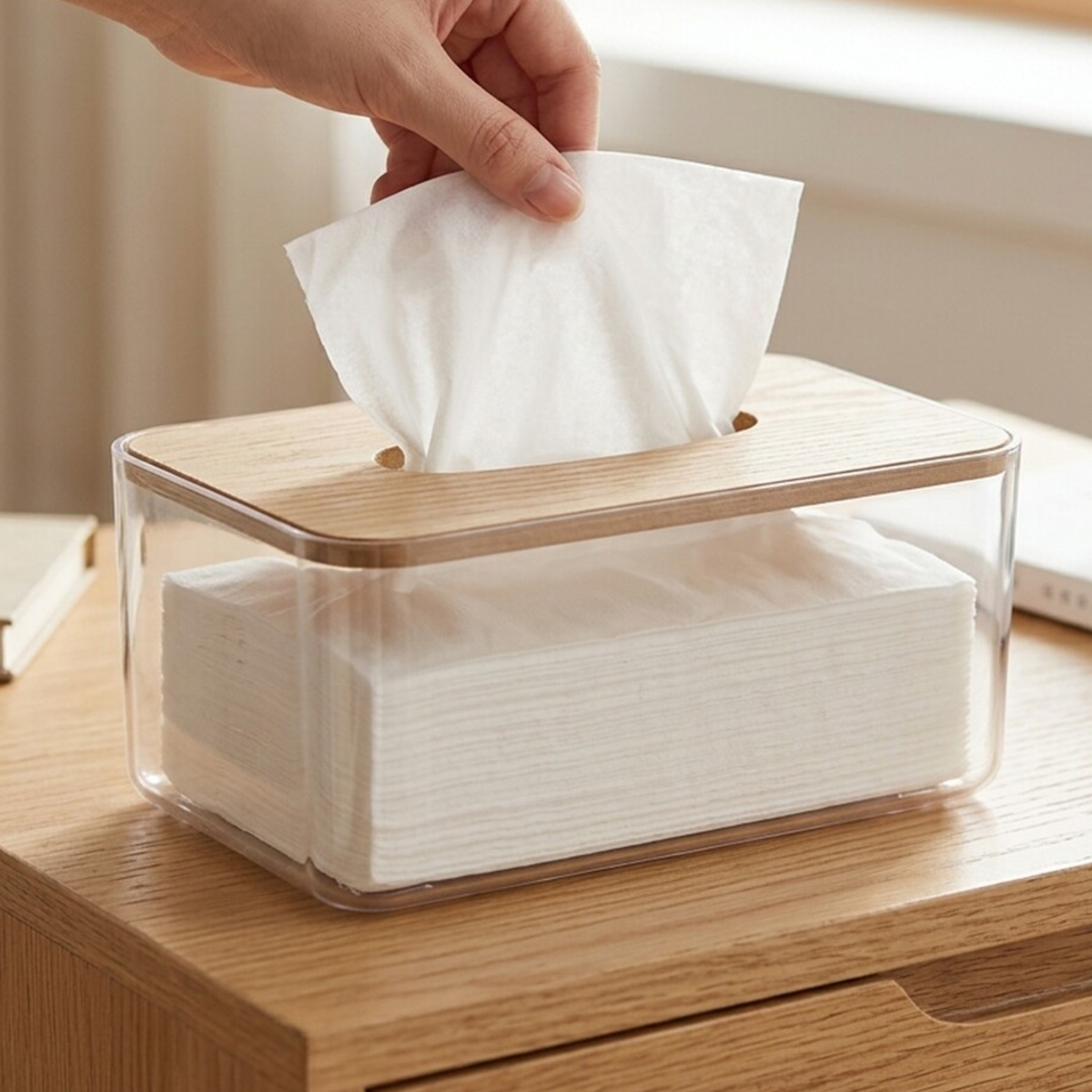 Acrylic Tissue Box with Wooden Lid