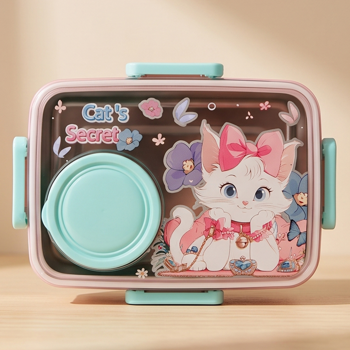Secret Cat Printed Stainless Steel Lunch Box Pink