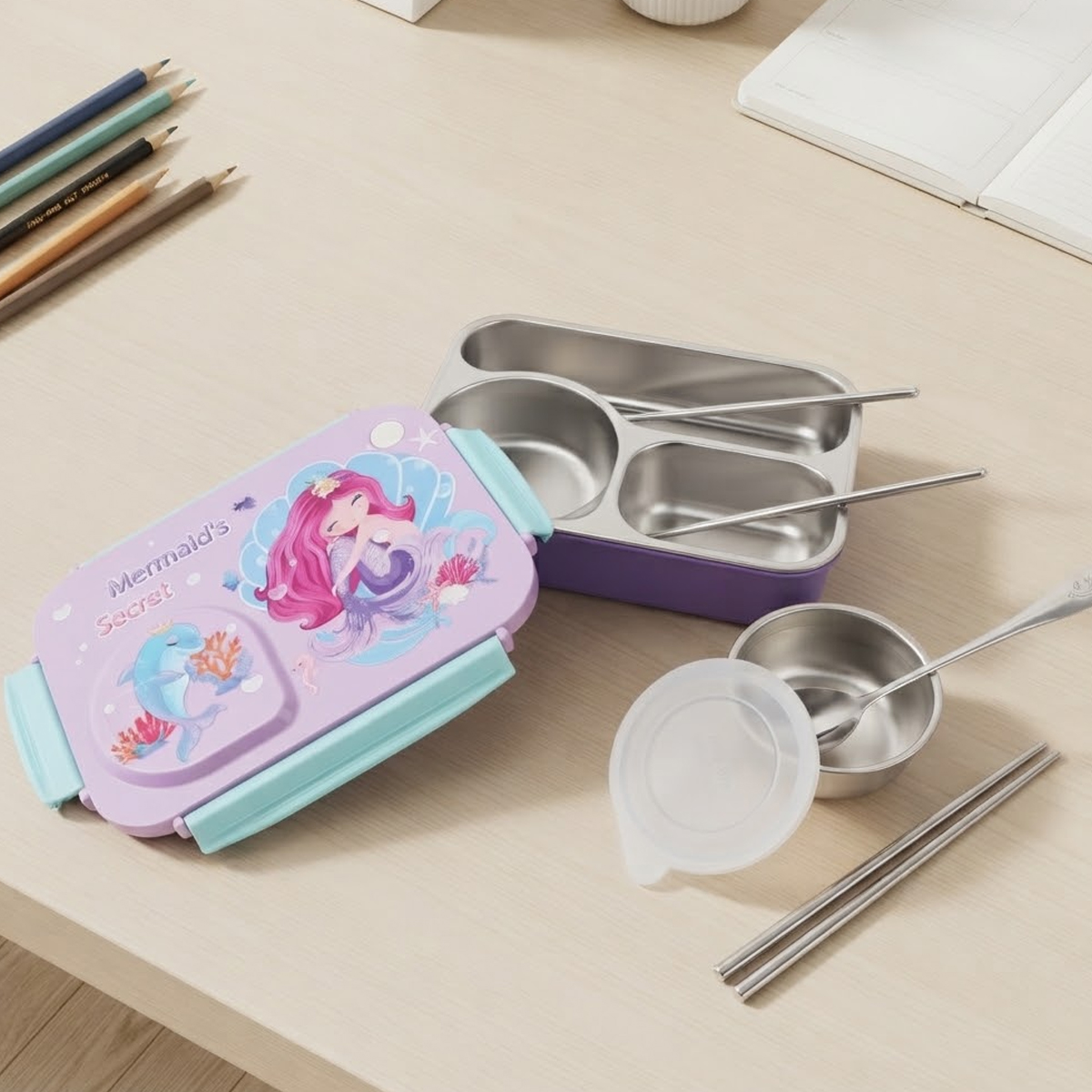 Mermaids Secret Themed Stainless Steel Lunch Box Purple