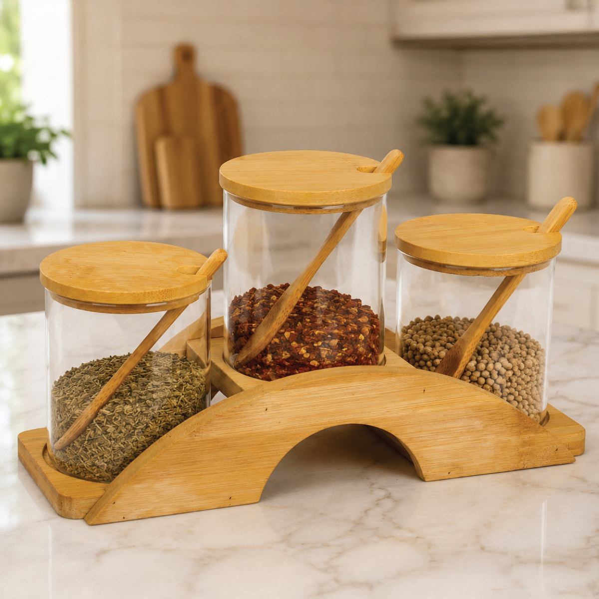 Glass Spice Jar Set with Bamboo Lids and Stand 3 Pieces