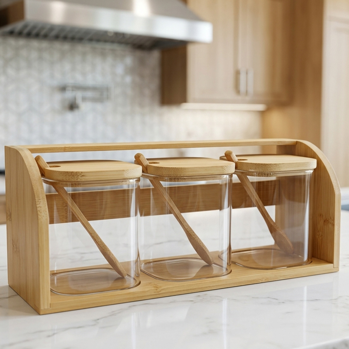 Glass Spice Set 3 Pieces With Bamboo Cover