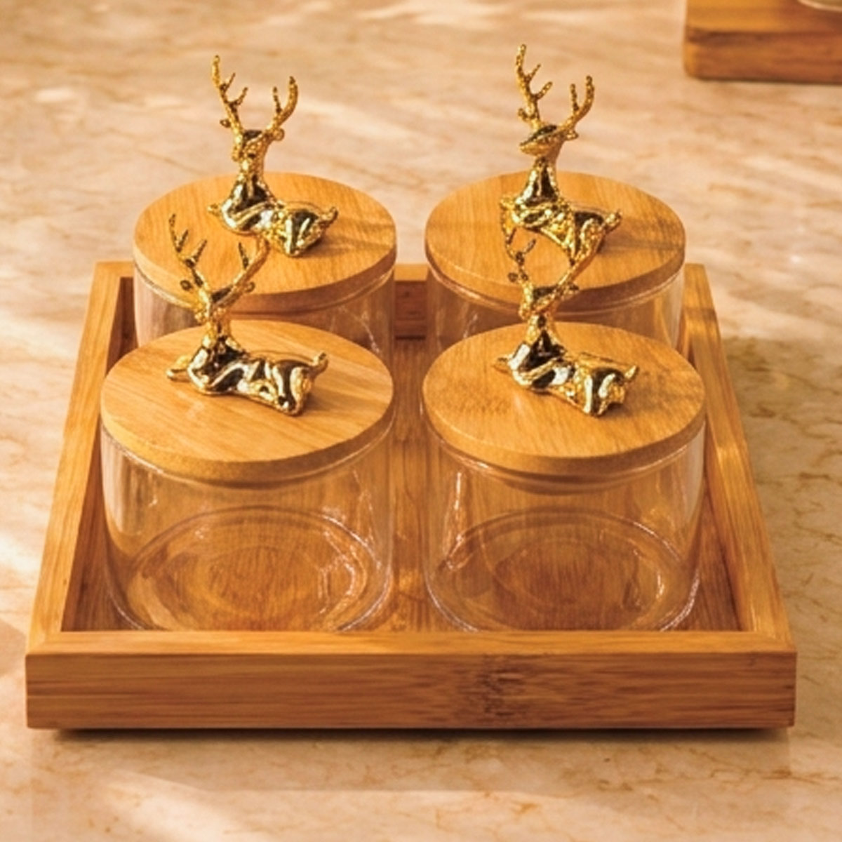 Glass Storage Jars with Wooden Lids and Deer Figurines Set of 4