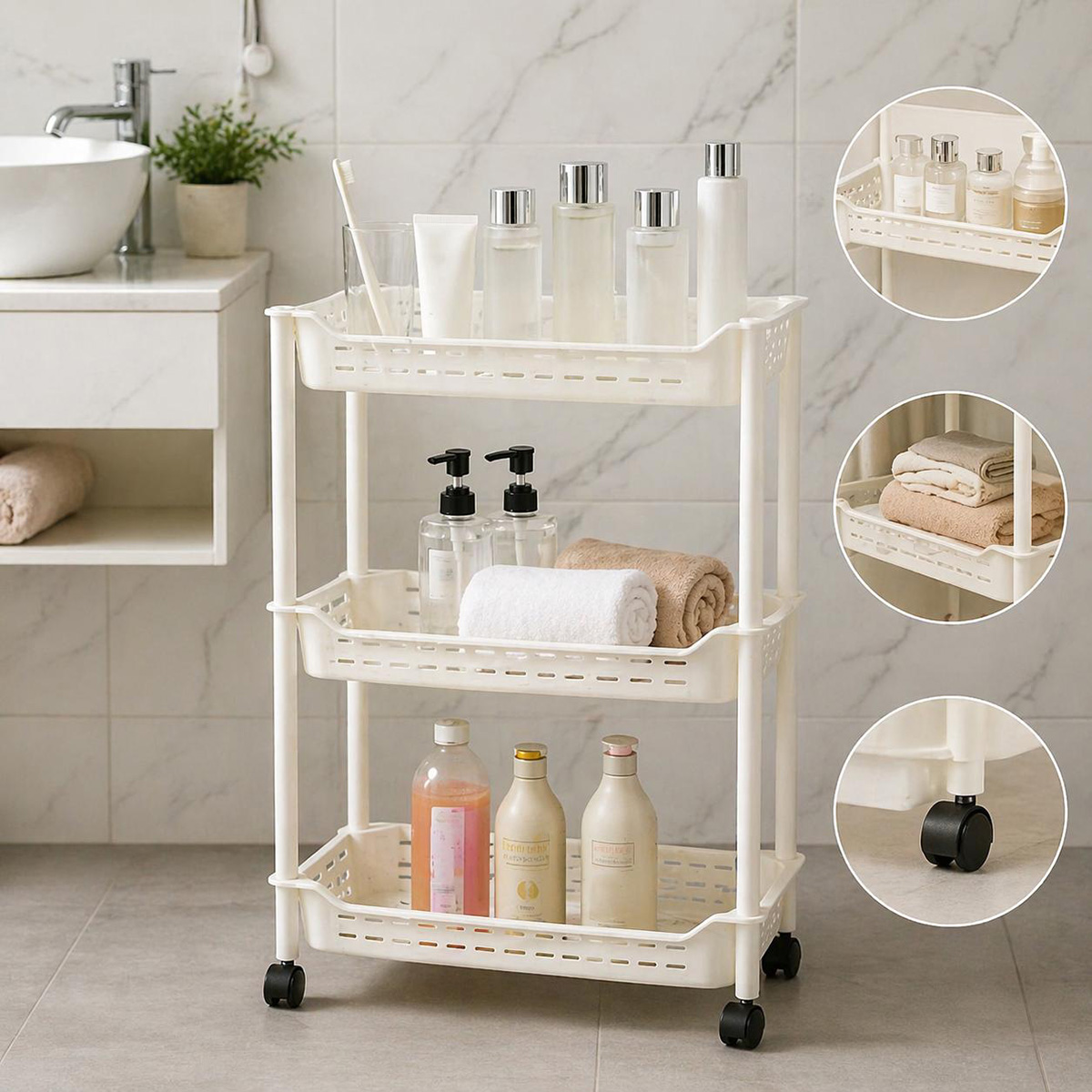 Vegetable Rack Plastic 4 Wheel White