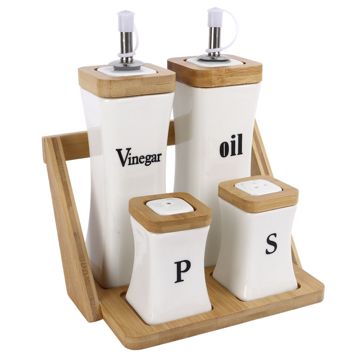 Ceramic Condiment Set With a Bamboo Stand 4 Pieces