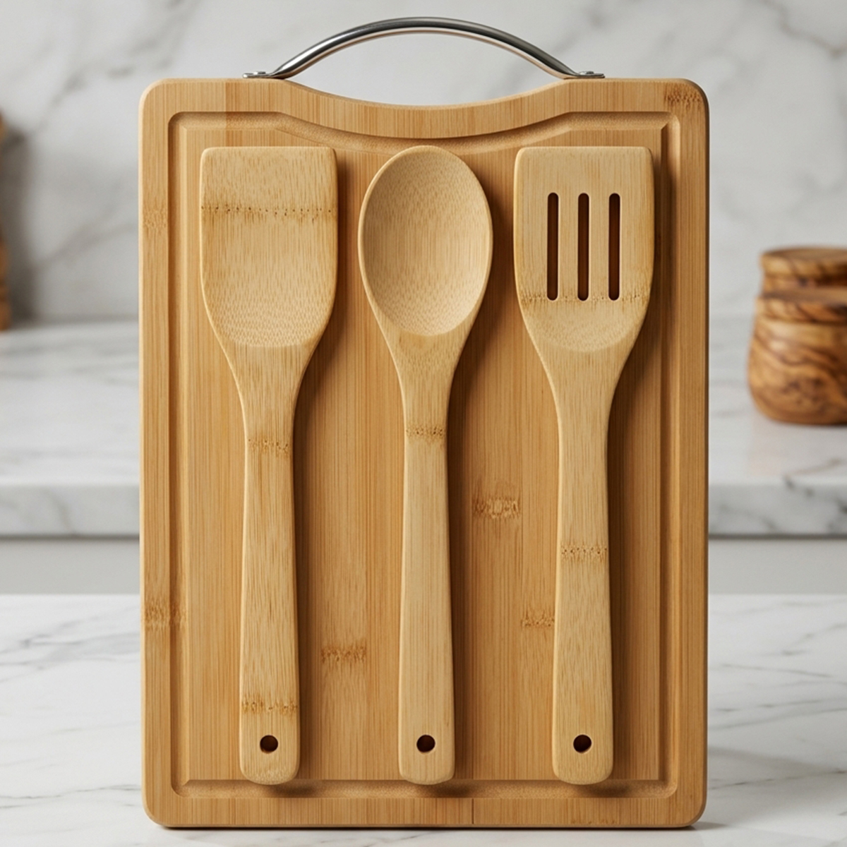 Wooden Cutting Board With Kitchen Utensils 32x22cm 4 Pieces Set