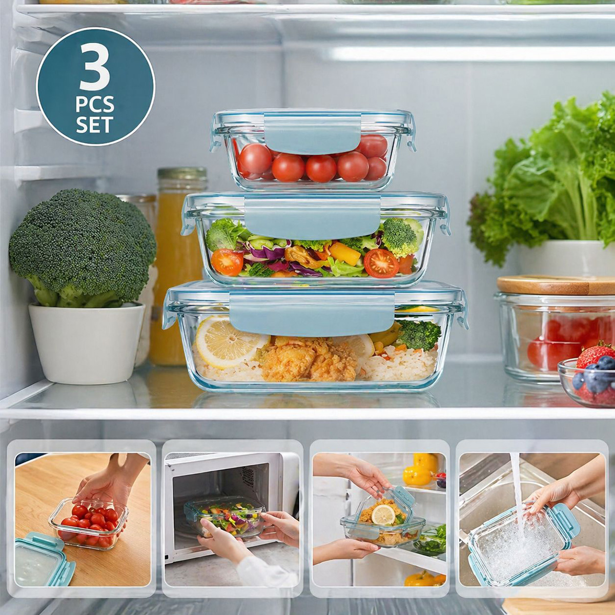 Glass Food Container With Cover 3 Pieces Set