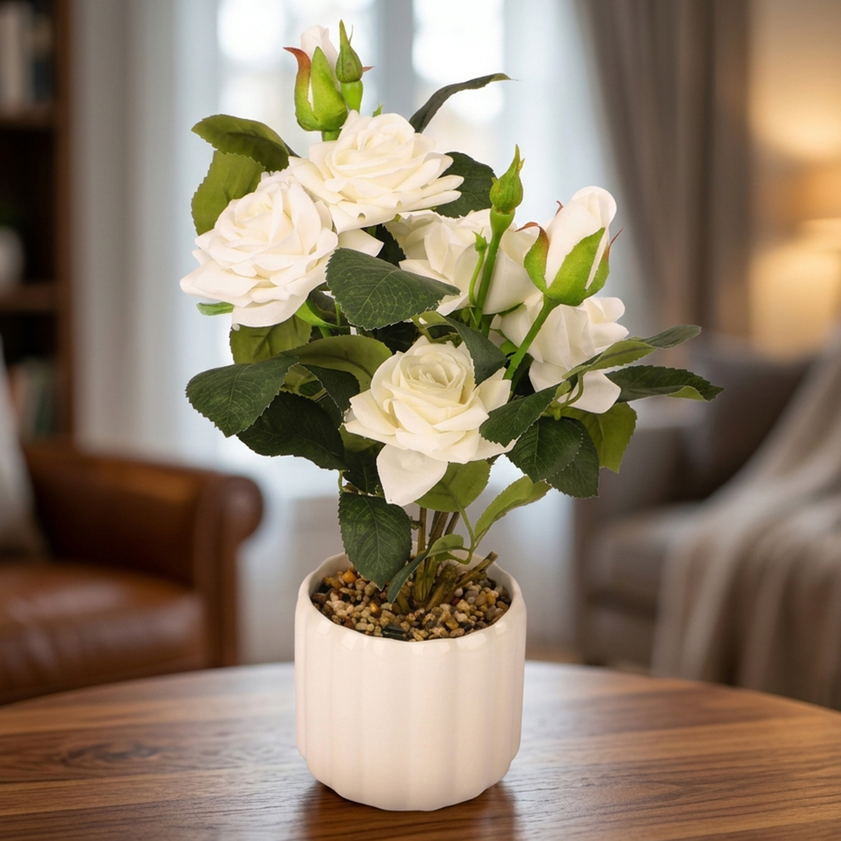 Table Flower White Rose Artificial Ceramic Pot