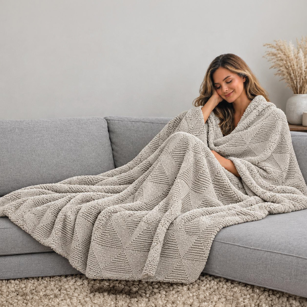 Soft Geometric Patterned Throw Blanket Grey 750g 130x170cm