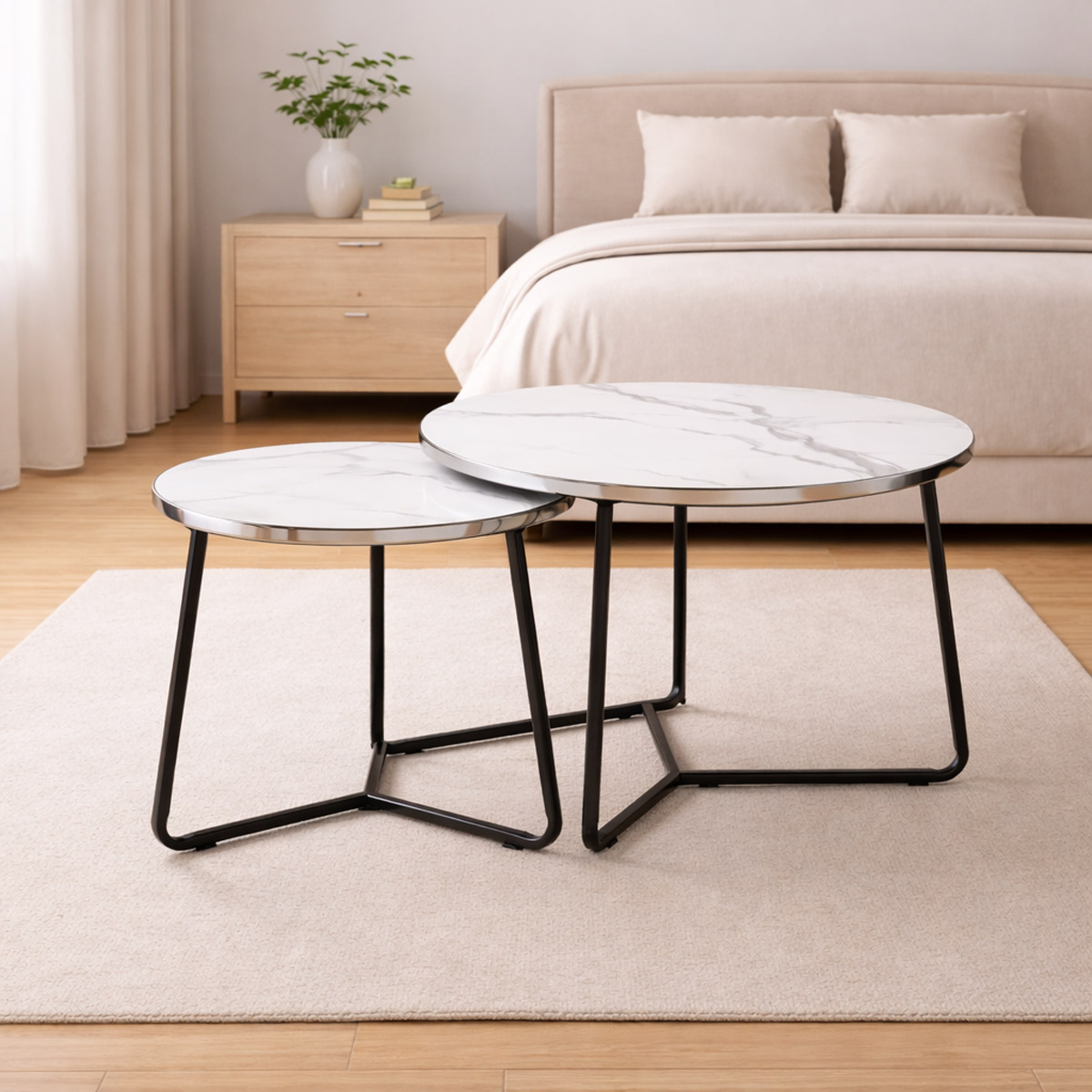 Wood Tea Table Set Classic Round White Grey