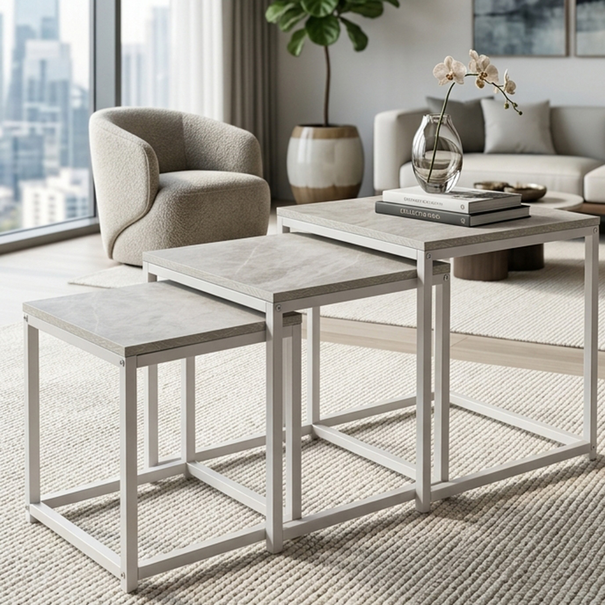 Nest Table Set Modern Square 3 Pieces Light Grey