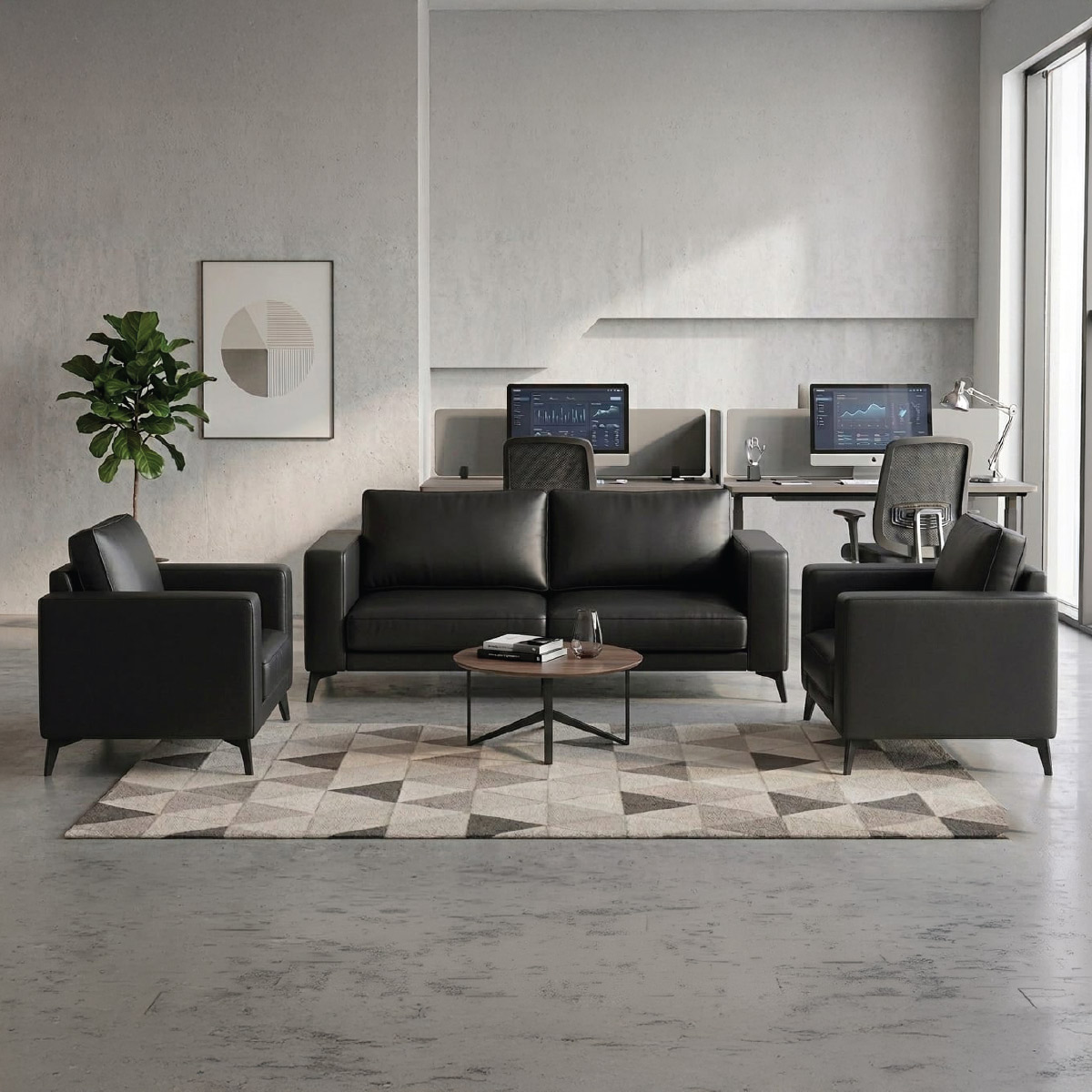 Office Sofa Set Leather (1x3 Seater, 2x1 Seater) Black