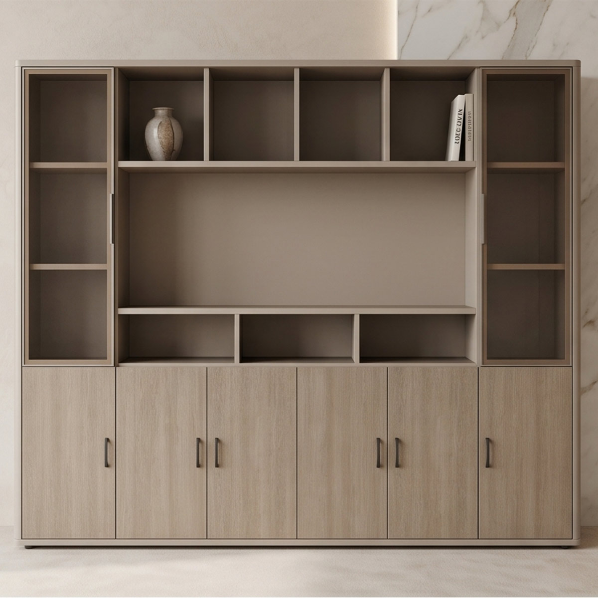 Wooden Bookshelf with Storage Cabinets