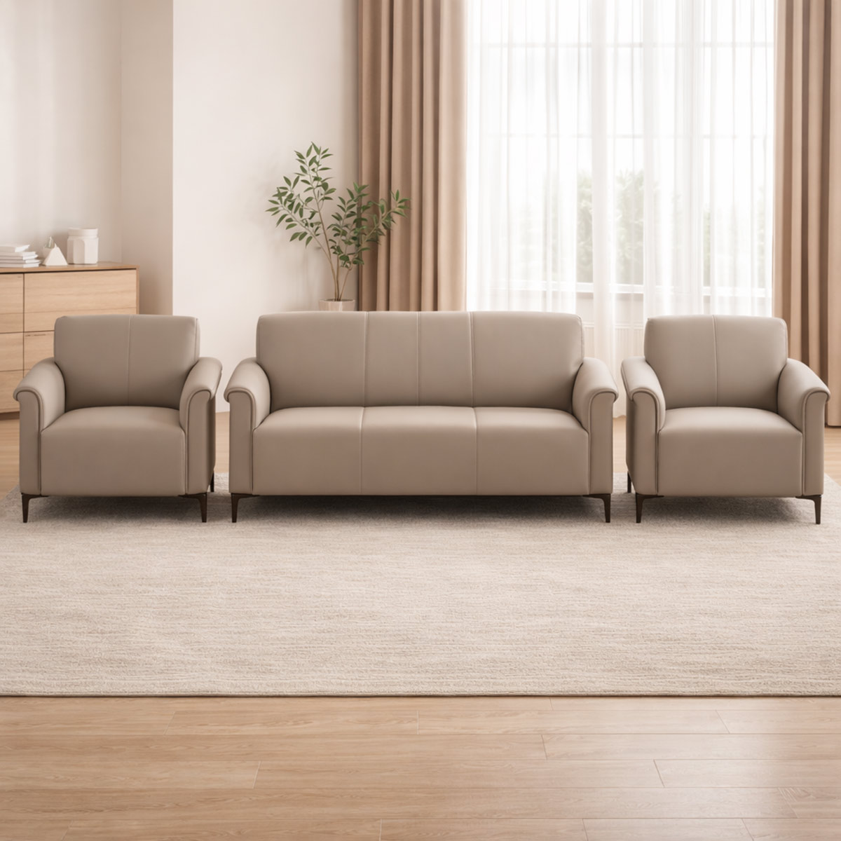Office Sofa Leather Set (1x3 Seater, 2x1 Seater) Beige