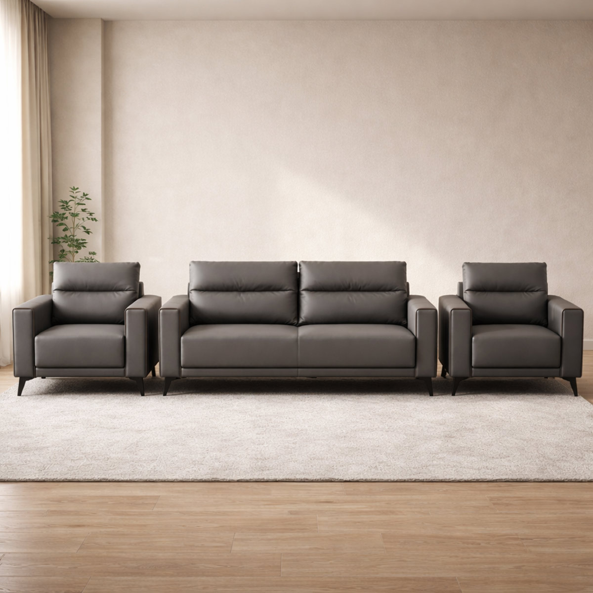 Office Sofa Leather Set (1x3 Seater, 2x1 Seater) Gray