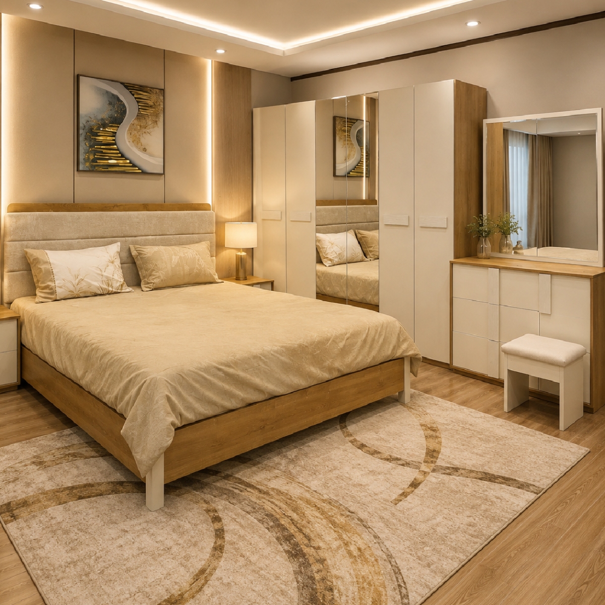 Modern Bedroom Set 180x200cm (6 Door Wardrobe, 2 Night Stand and 1 Dressing Table with Stool)