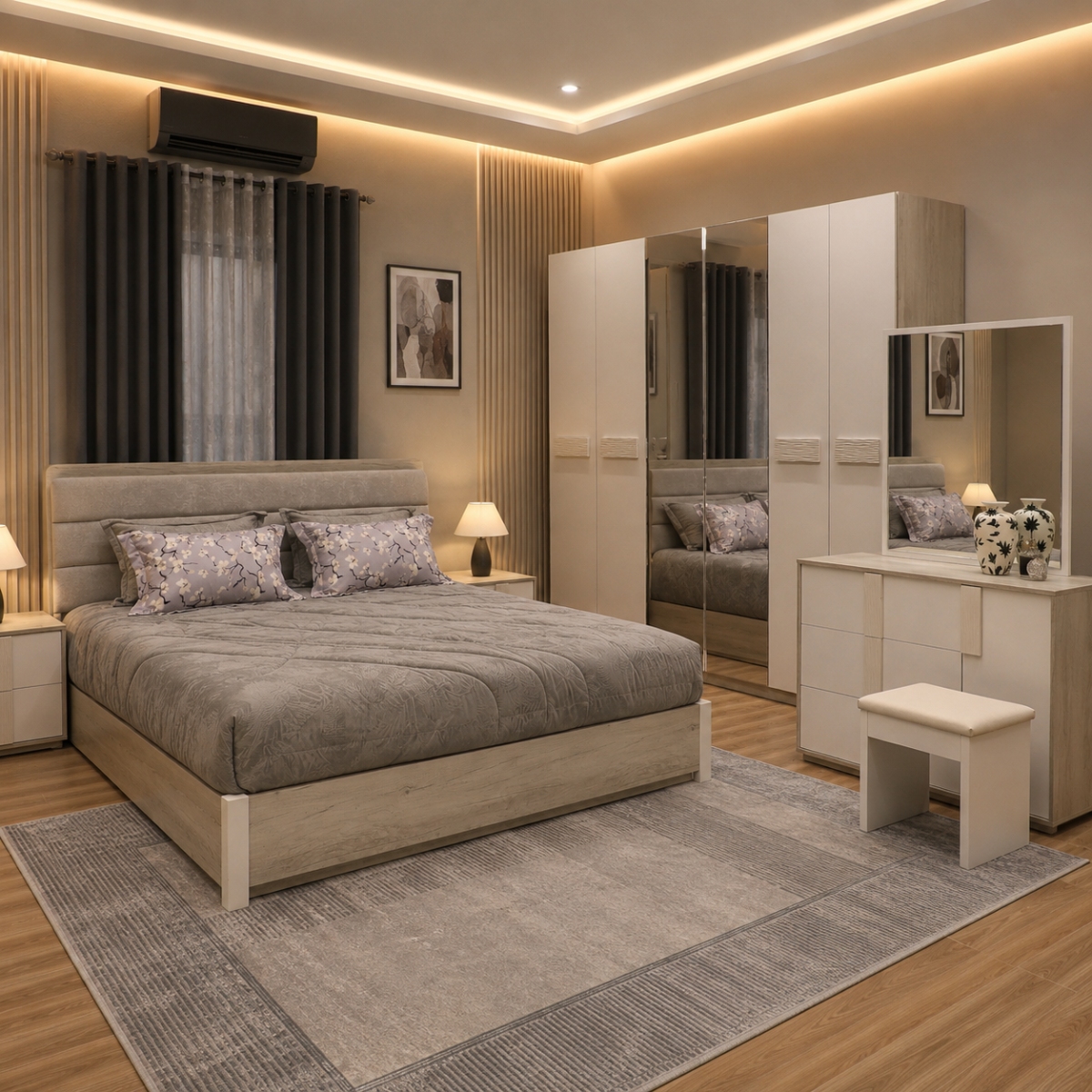 Modern Bedroom Set 180x200cm (6 Door Wardrobe, 2 Night Stand and 1 Dressing Table with Stool)