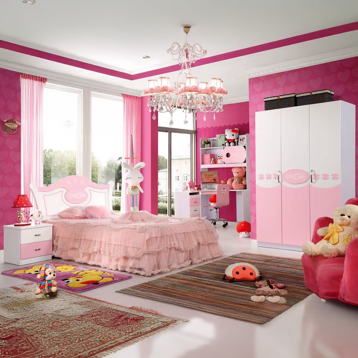 Girls Bedroom Set Pink (120x190cm Bed, Wardrobe 3 Doors, Desk Table With Chair, Night Stand)