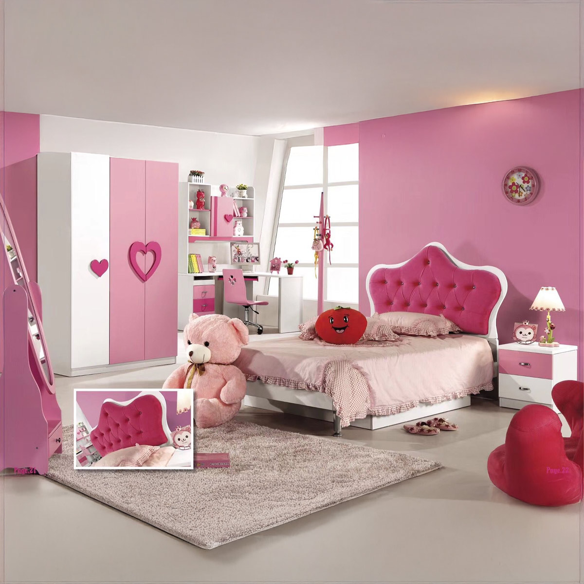 طقم غرفة نوم للبنات رقم 856 (سرير 120×190 سم، خزانة ملابس بثلاثة أبواب، طاولة مكتب مع كرسي، منضدة جانبية) | أثاث | أثاث الأطفال | أسرة وأسرّة الأطفال