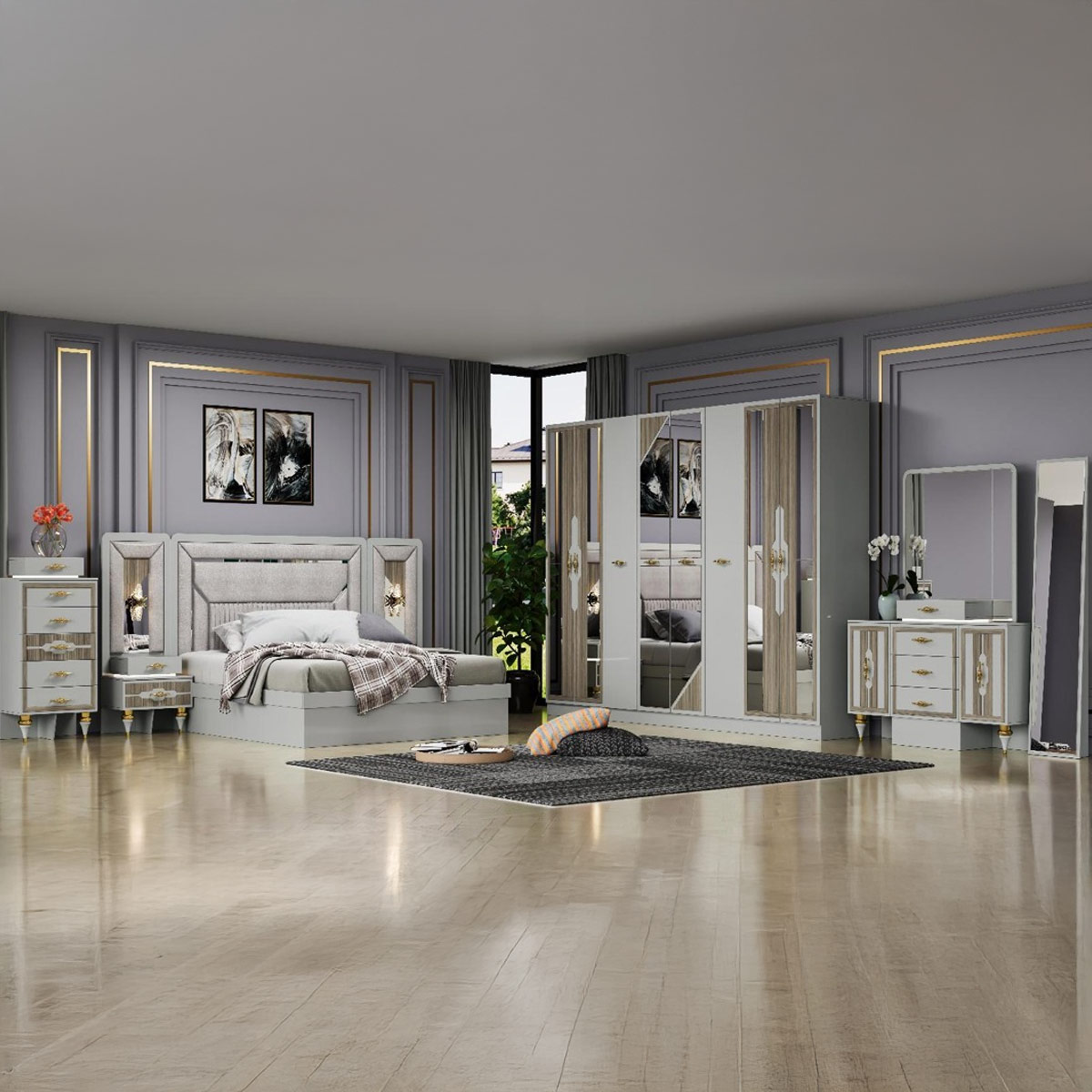 Modern Luxury High Head Bedroom Set (180x200cm Bedset, 1 Wardrobe With 8 Doors, 2 Side Table, 1 Chest Drawer, 1 Dressing Table With Chair, 1 Mirror)