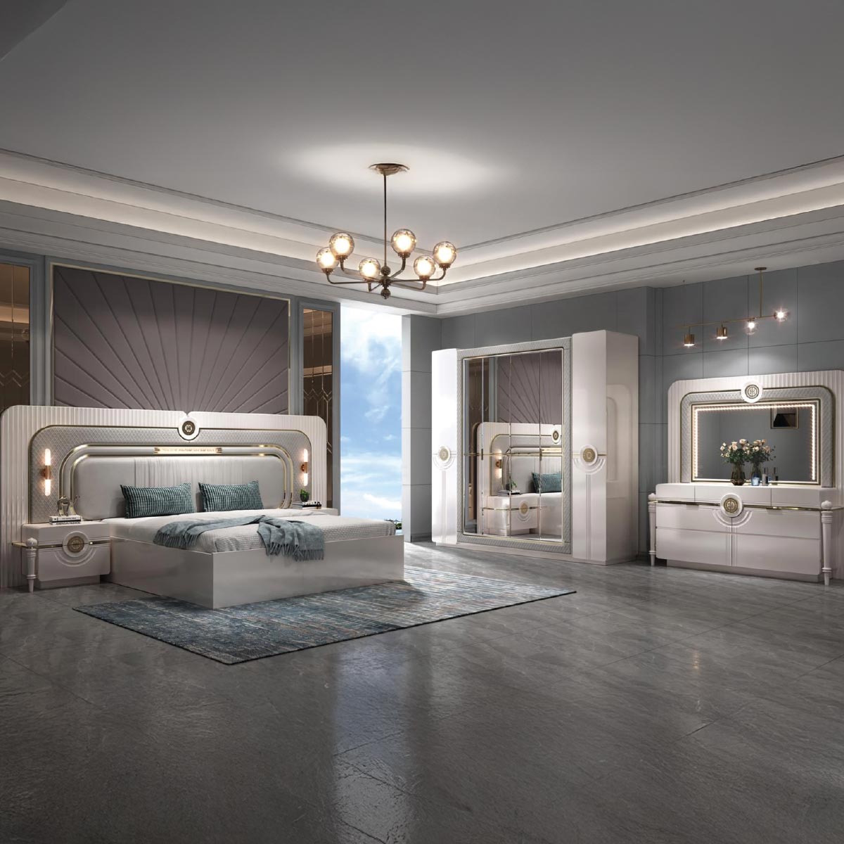 Modern Bedroom Set White & Grey (180x200cm Bed, 1x6 Door Wardrobe, 2 Night Stand, 1 Dressing Table With Stool)