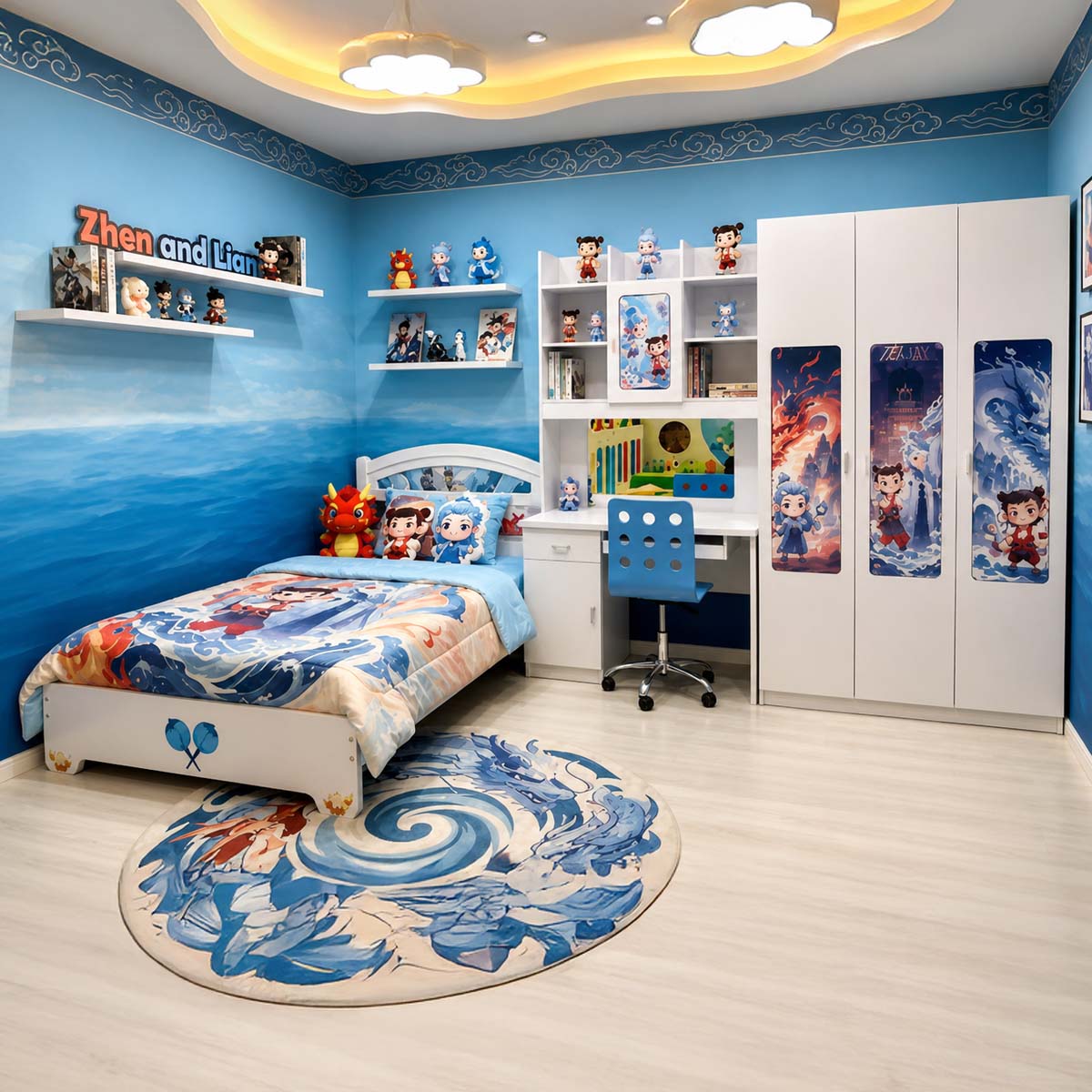 Girls Bedroom Set (120x190cm, 1 Night Stand, Study Table With Chair, 3 Door Wardrobe)