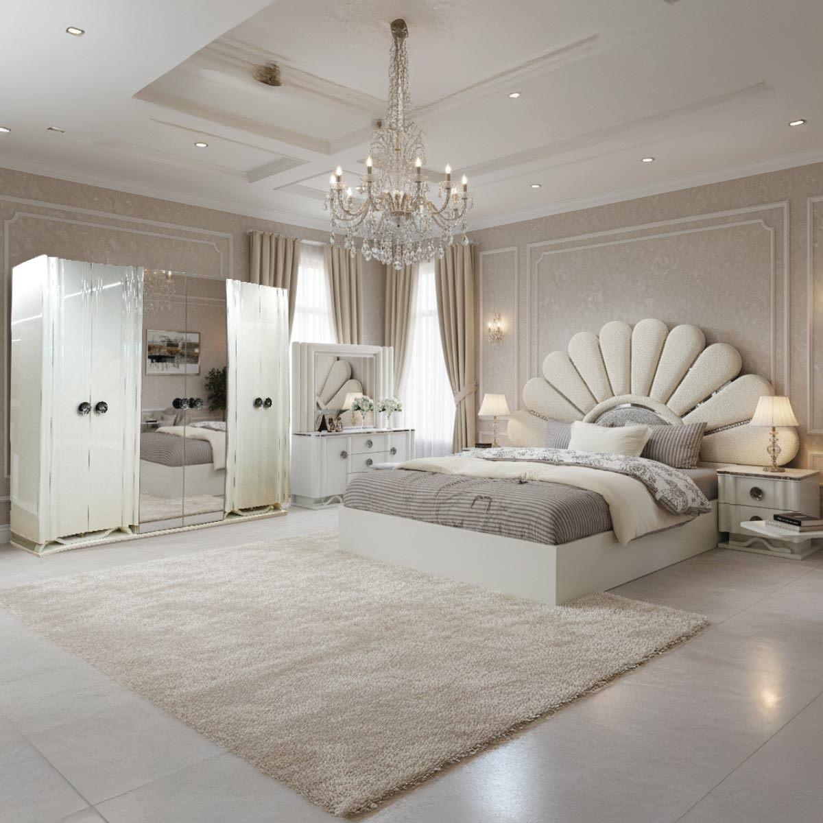 Modern Bedroom Set (180x200cm Bed, 1x6 Door Wardrobe, 2 Night Stand, 1 Dressing Table With Stool)