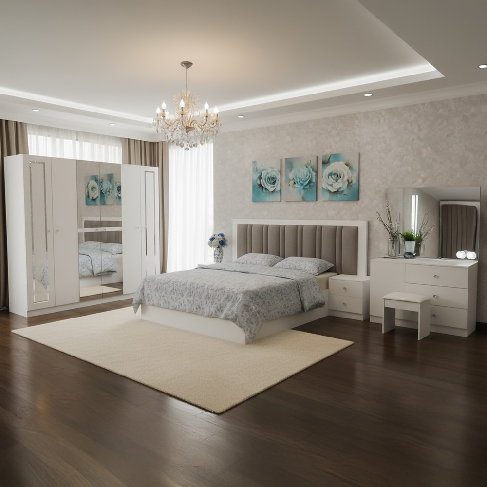 Bedroom Set-180x200cm (Bed + 1x6Doors Wardrobe + 2xNight Stand + Dressing Table With Stool)