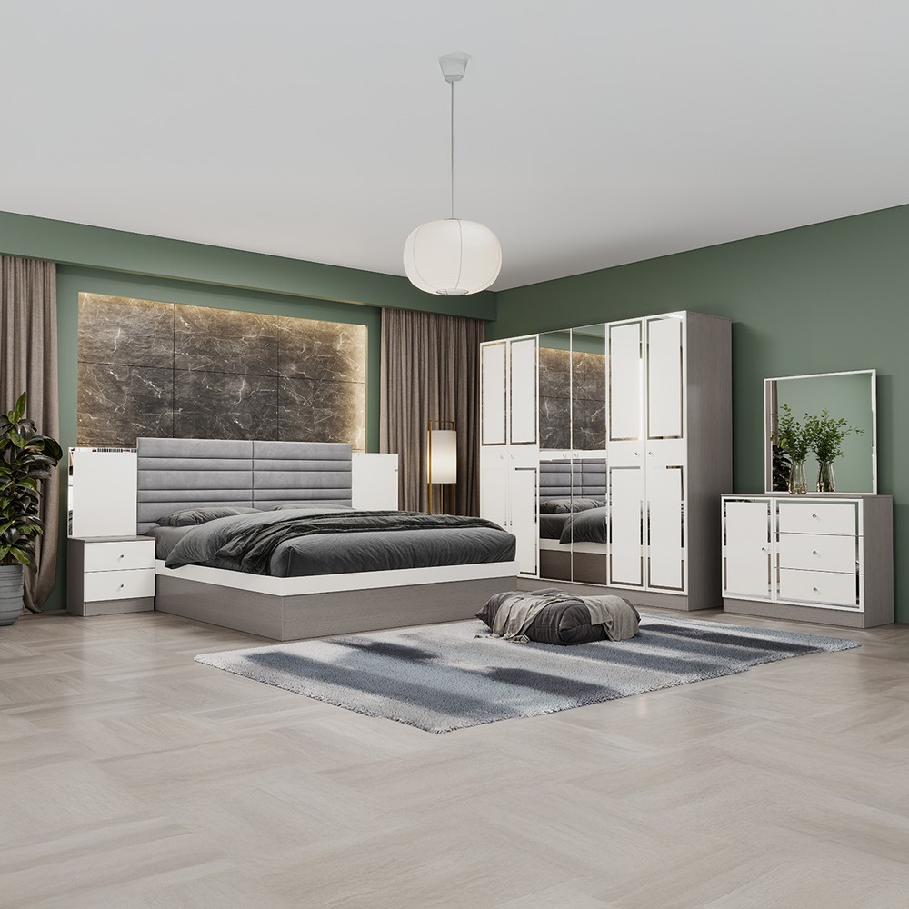 Bedroom Set-180x200cm (Bed + 1x6Doors Wardrobe + 2xNight Stand + Dressing Table With Stool)