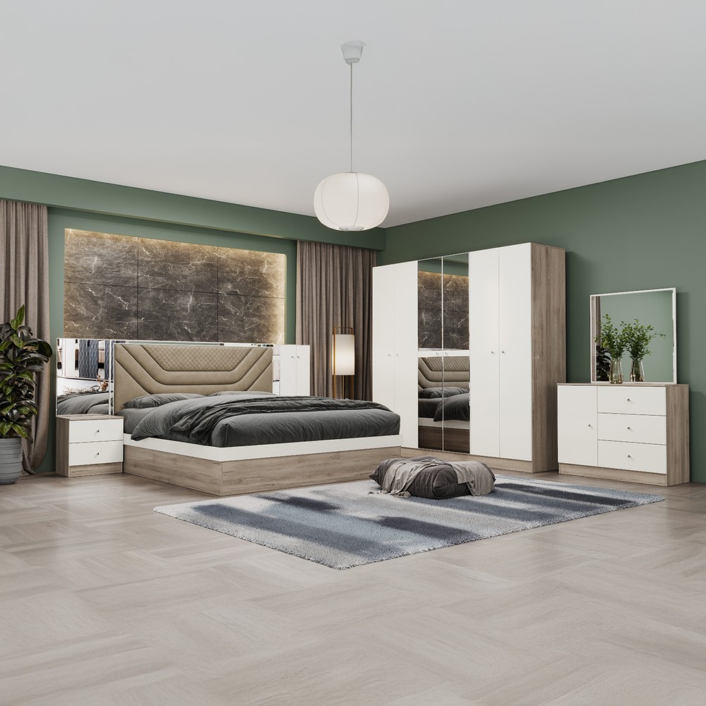 Bedroom Set-180x200cm (Bed + 1x6Doors Wardrobe + 2xNight Stand + Dressing Table With Stool)