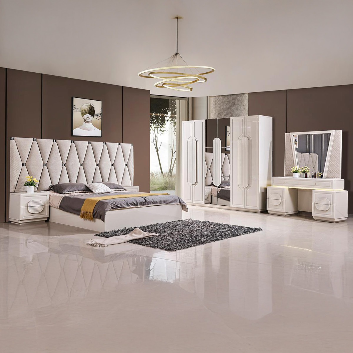 Modern Bedroom Set (180x200cm Bed, 1x6 Door Wardrobe, 1 Dressing Table, 2 Night Stand) | Furniture | Bedroom Furniture | Bedroom Sets
