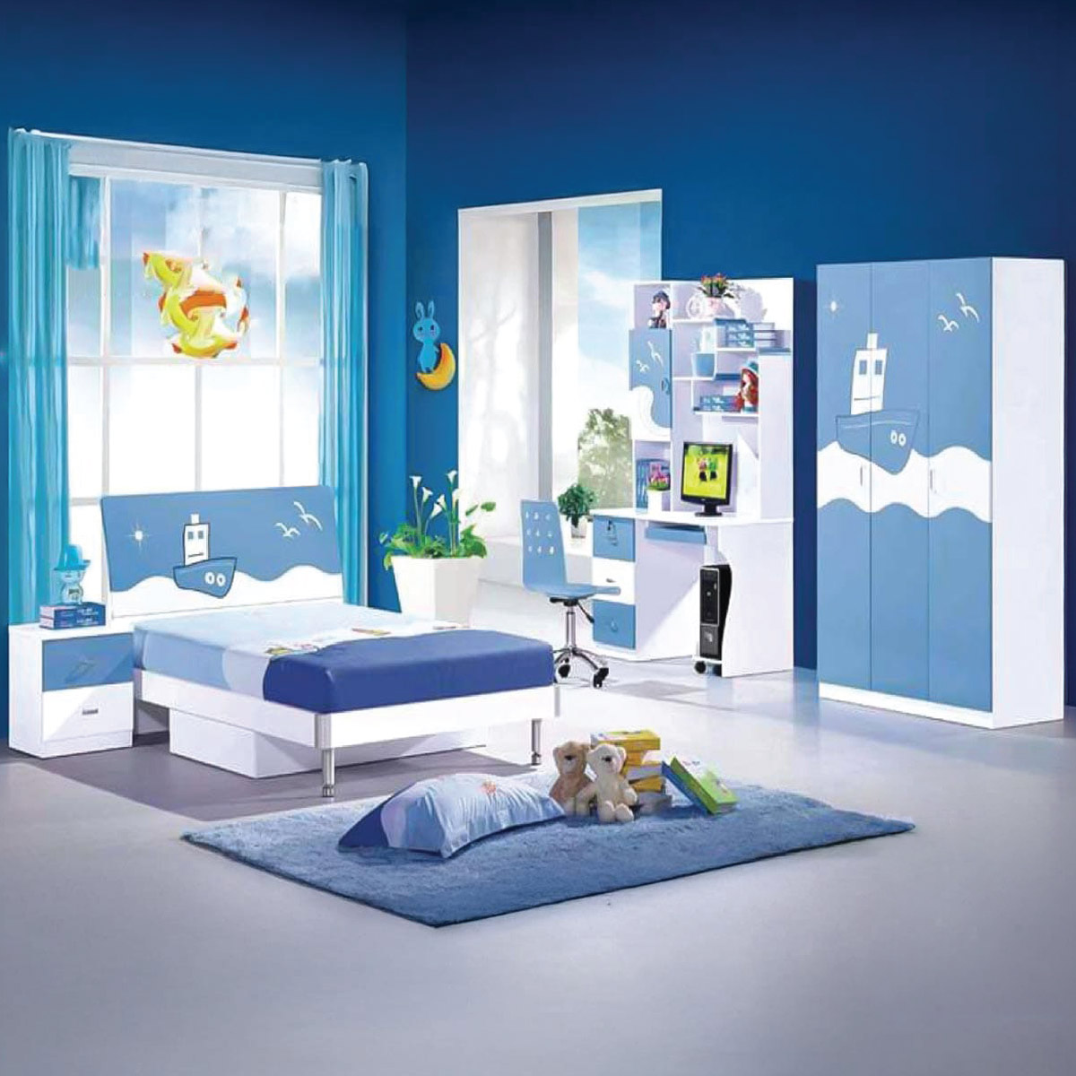 Kids Bedroom Set (Bed Size 120x190cm, 3 Door Wardrobe, 1 Night Stand, Study Table With Chair)