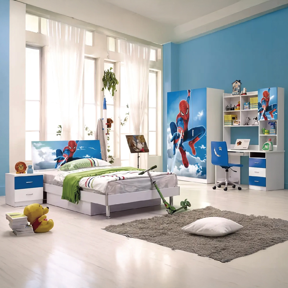 Kids Bed Room Set (Bed Size 120x190cm, 3 Door Wardrobe, 1 Night Stand, 1 Study Table With Chair)