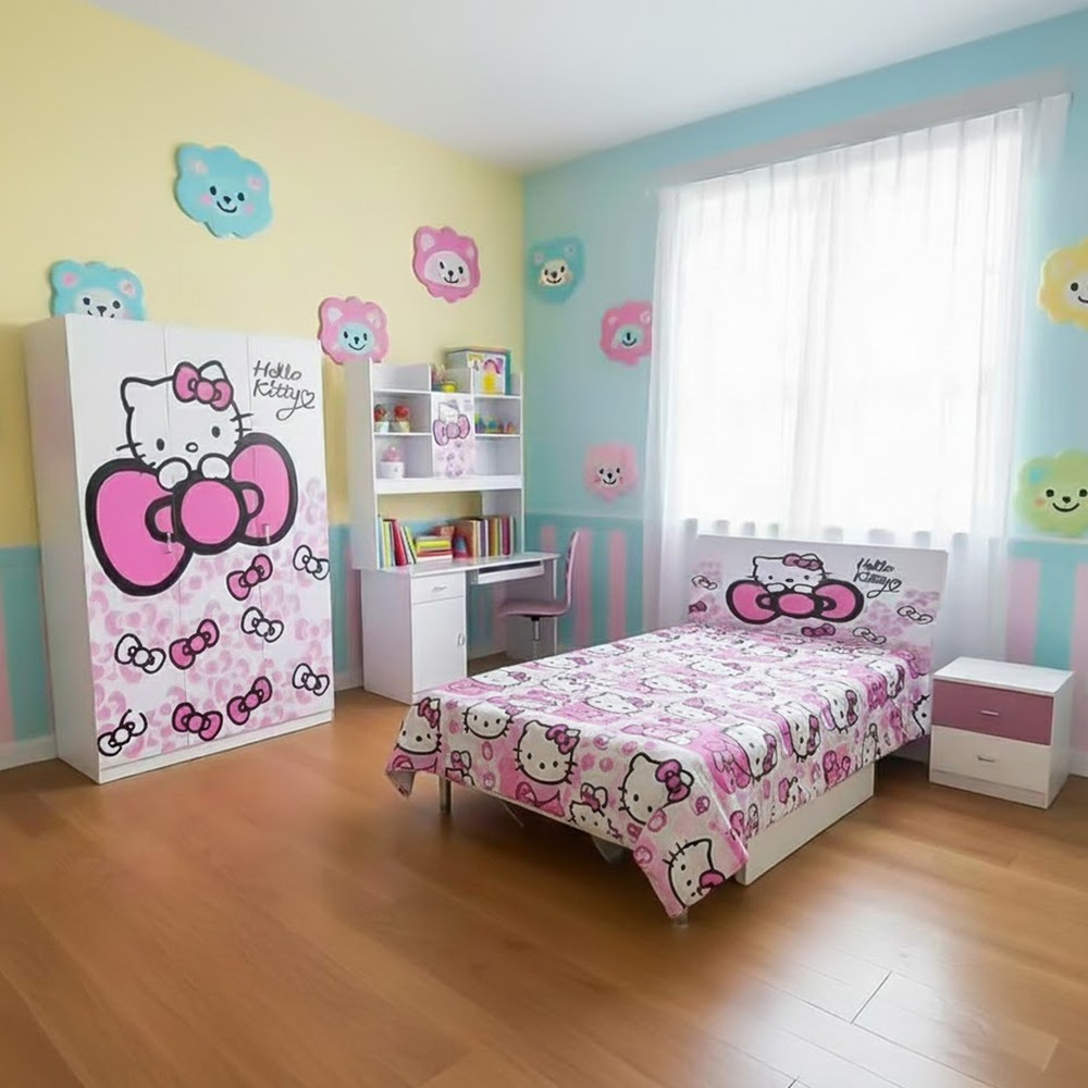 Hello Kitty Themed Kids Bed Room Set (120x190cm Bedset, 1x3 Door Wardrobe, 1 Night Stand, 1 Dressing Table With Chair)