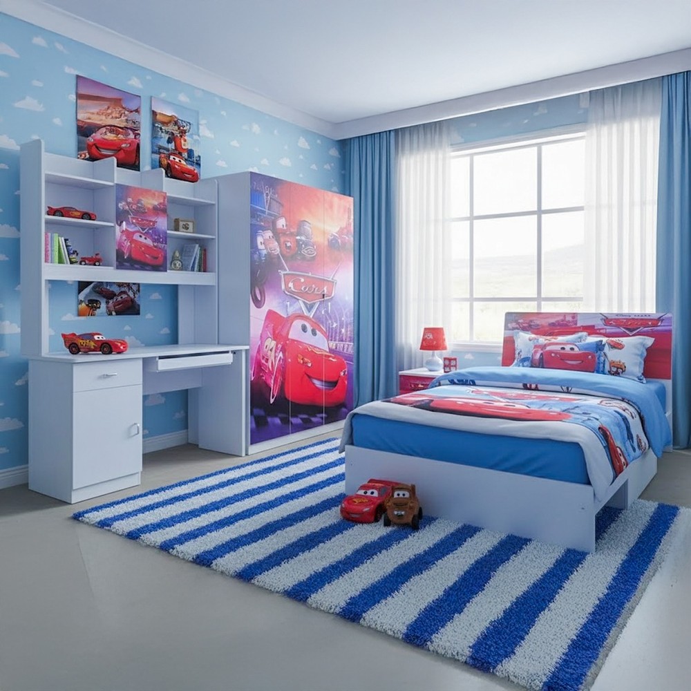 Cars Themed Kids Bed Room Set (120x190cm Bedset, 1x3 Door Wardrobe, 1 Night Stand, 1 Dressing Table With Chair)