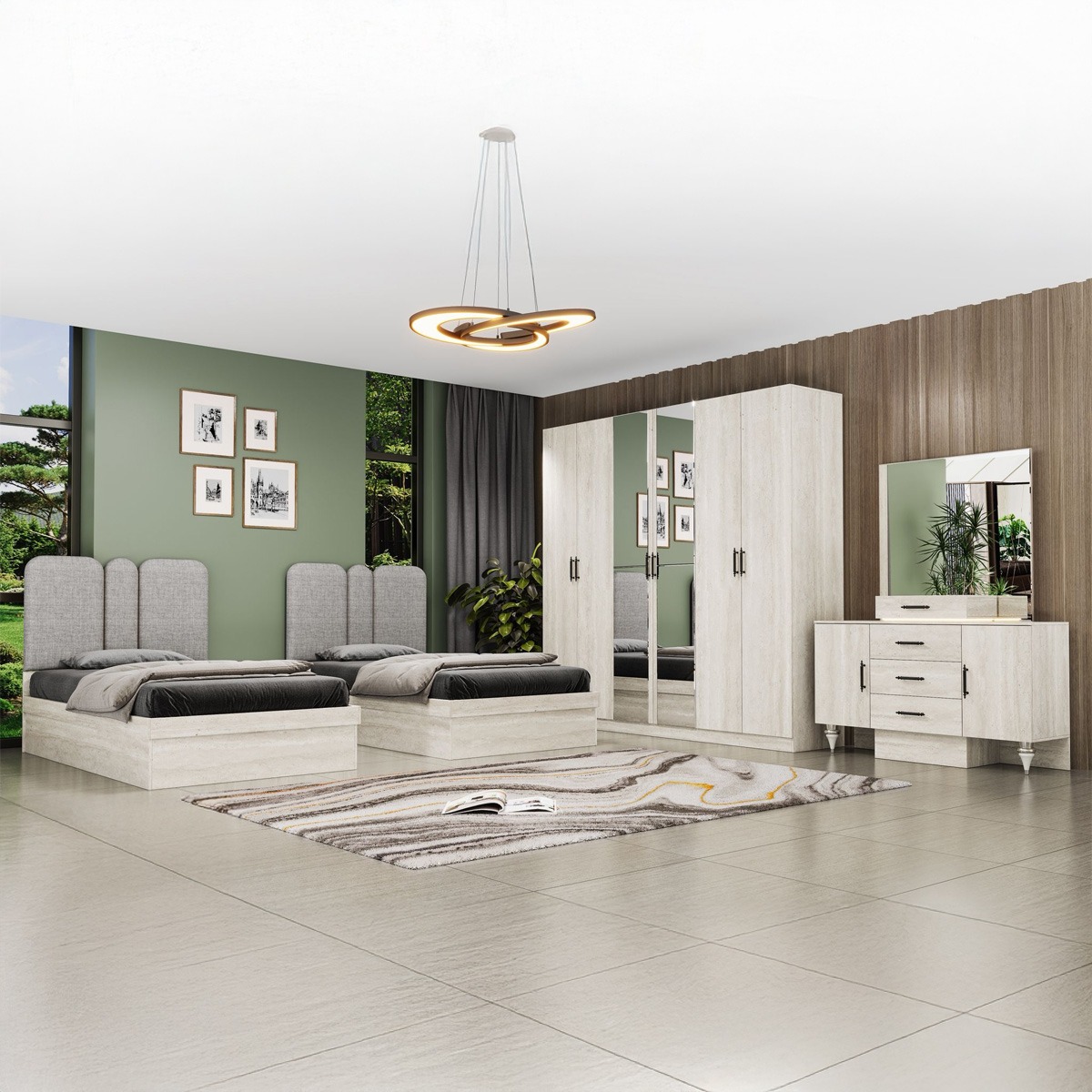 Modern Twins Bedroom Set (2x120x200cm Bed Sets, 1x6 Door Wardrobe, 1 Night Stand, 1 Dressing Table With Stool) | Furniture | Bedroom Furniture | Bedroom Sets
