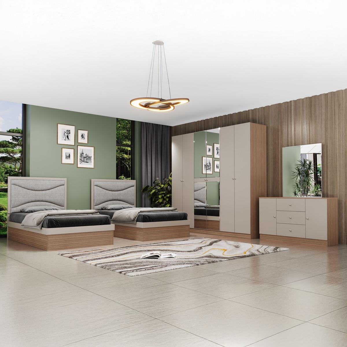 Carve Twins Bedroom Set 120x200cm Khaki Brown (2x1 Twin Bed, 1x1 Wardrobe 6 Doors, 1x1 Dresser)