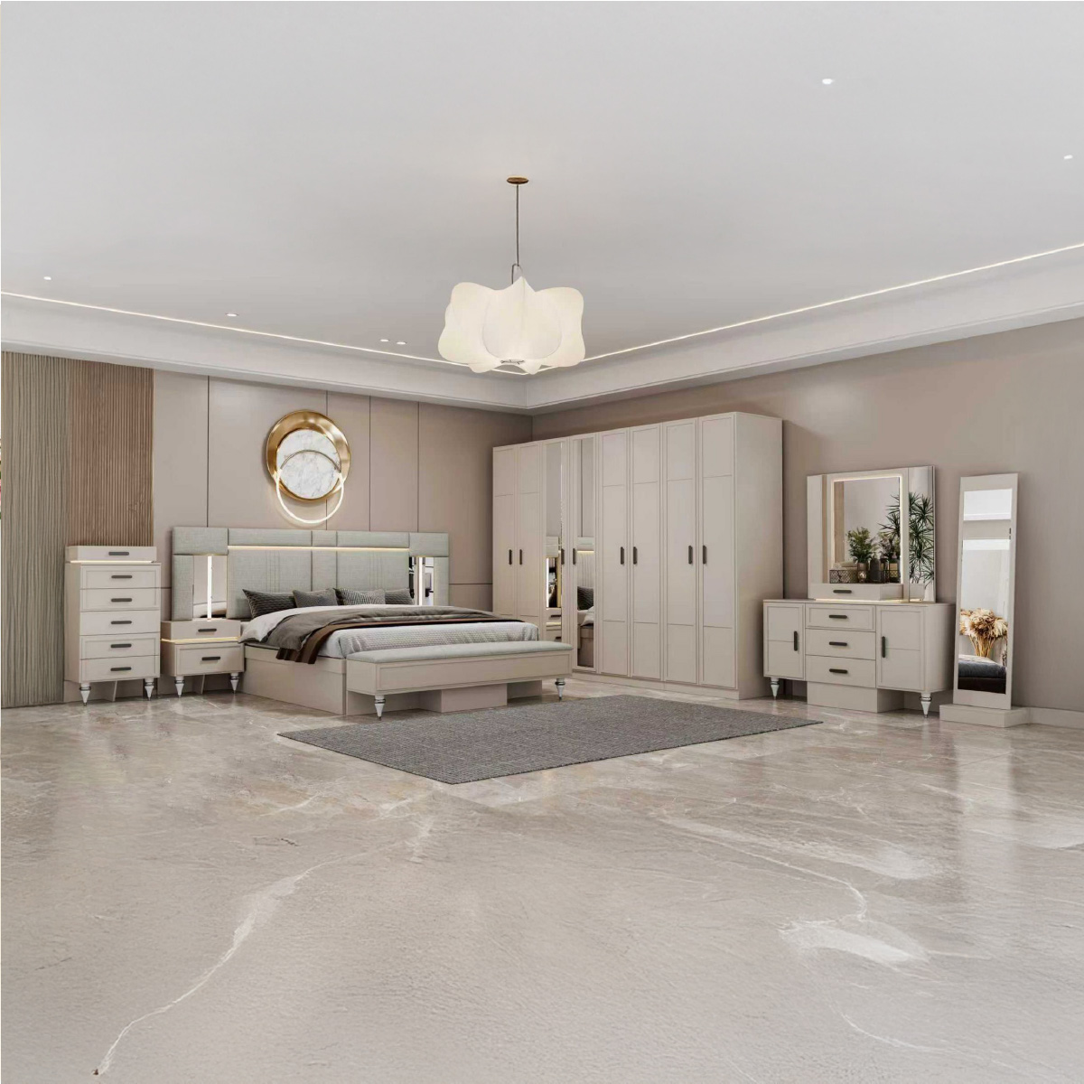 Modern Bedroom Set (180x200cm Bed, 1x8 Door Wardrobe, 2 Night Table, 1 Dressing Table)