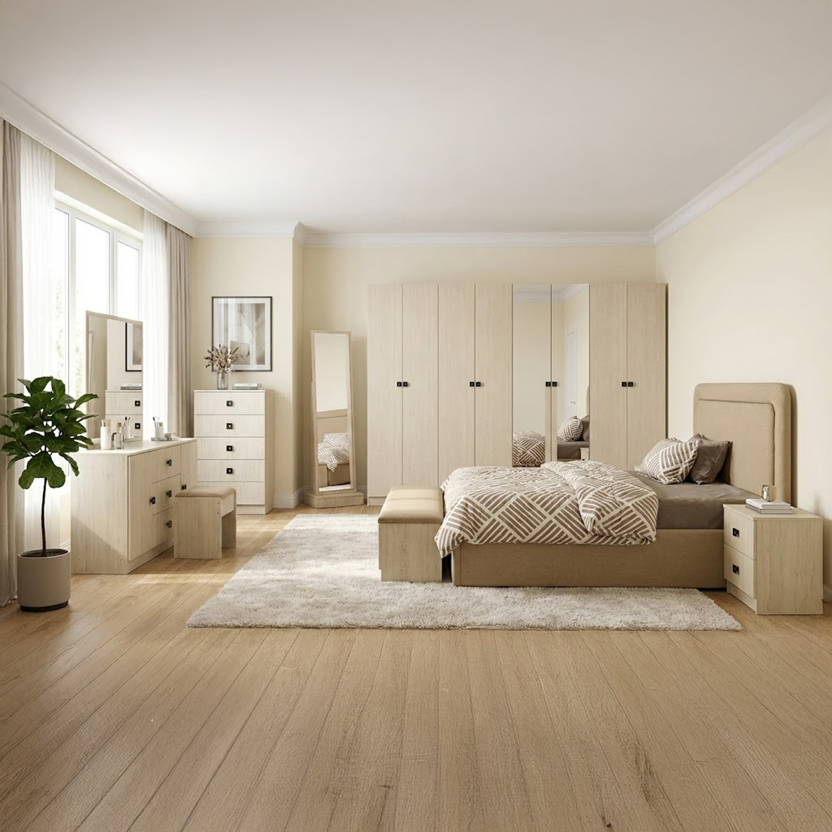 Modern High Head Bedroom Set (1 Bed Set, 1x8 Door Wardrobe, 1 Dressing Table With Chair, 2 Night Stand)