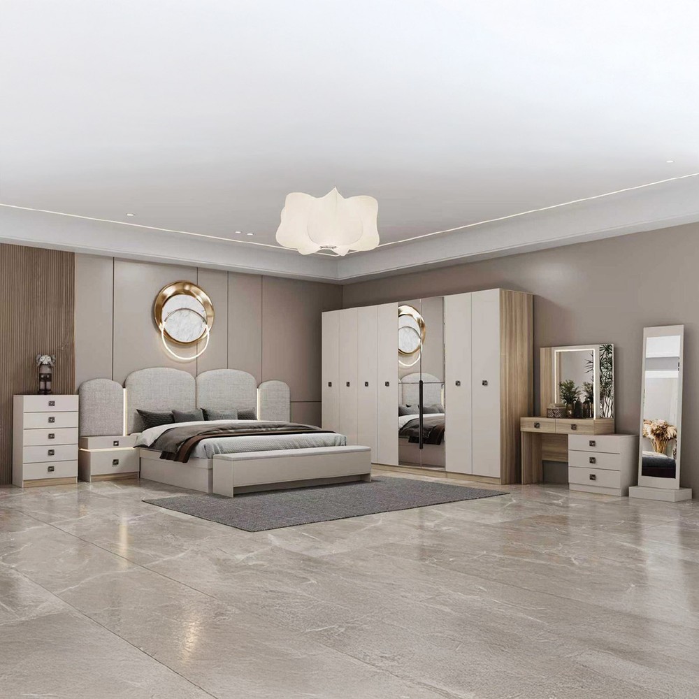 Bedroom Set (180X200cm Bed, 8 Door Wardrobe, Dressing Table, 2 Night Stand)