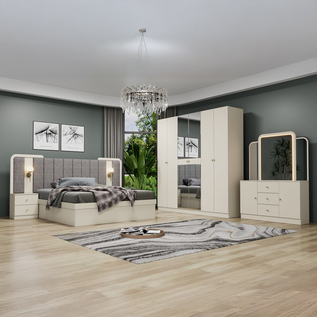 طقم غرفة نوم مزدوج من كارڤ (سرير 180×200 سم، خزانة ملابس بستة أبواب، طاولة تزيين، منضدة جانبية) بيج