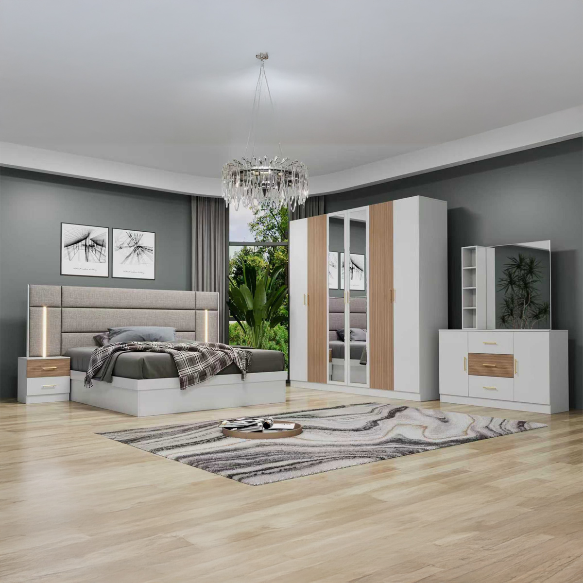 Double Bedroom Set (180x200cm Bed, 1x1 6 Doors Wardrobe, 1x1 Dressing Table, 1x2 Night Stand) White Brown