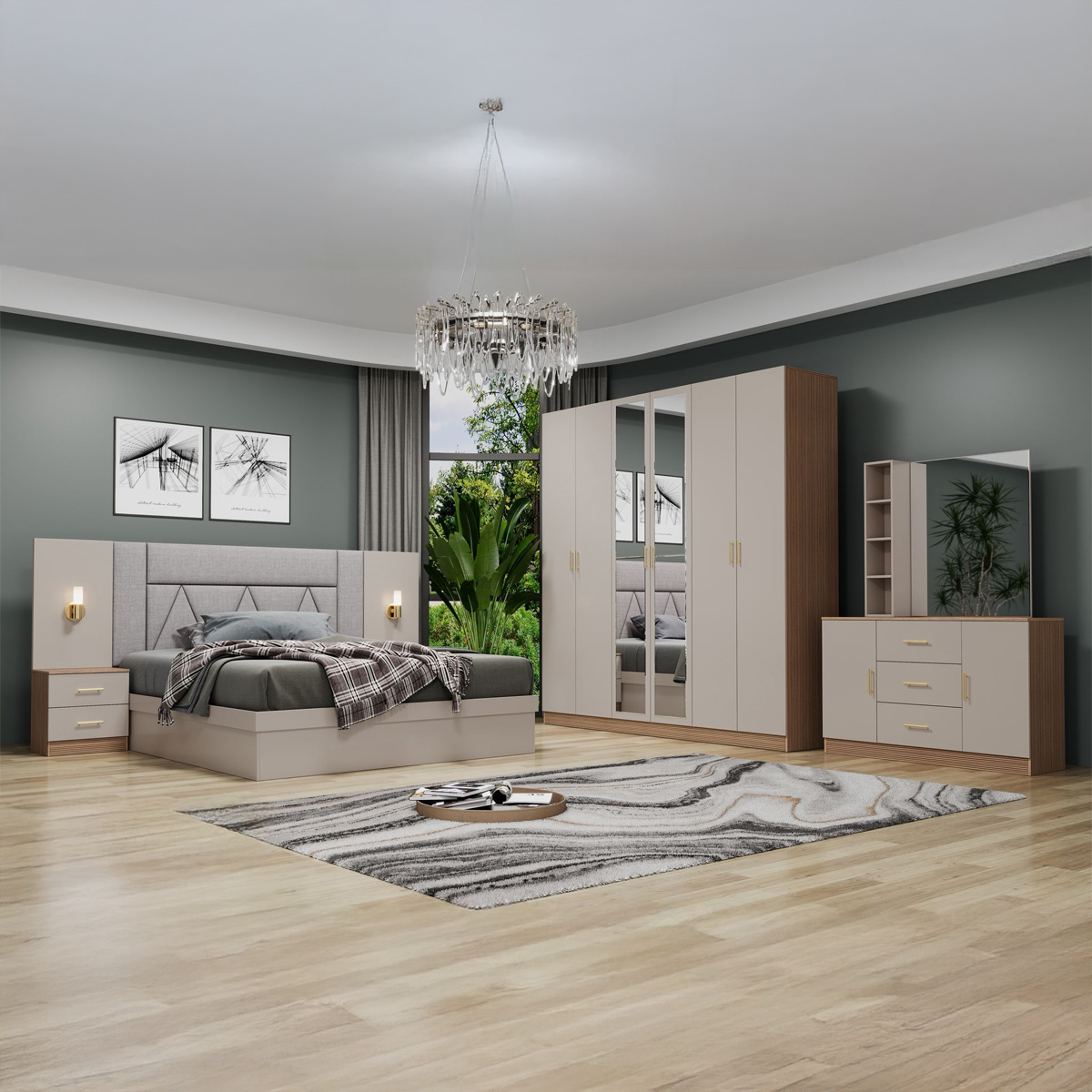 Double Bedroom Set (180x200cm Bed, 1x1 6 Doors Wardrobe, 1x1 Dressing Table, 1x2 Night Stand) Khaki Brown