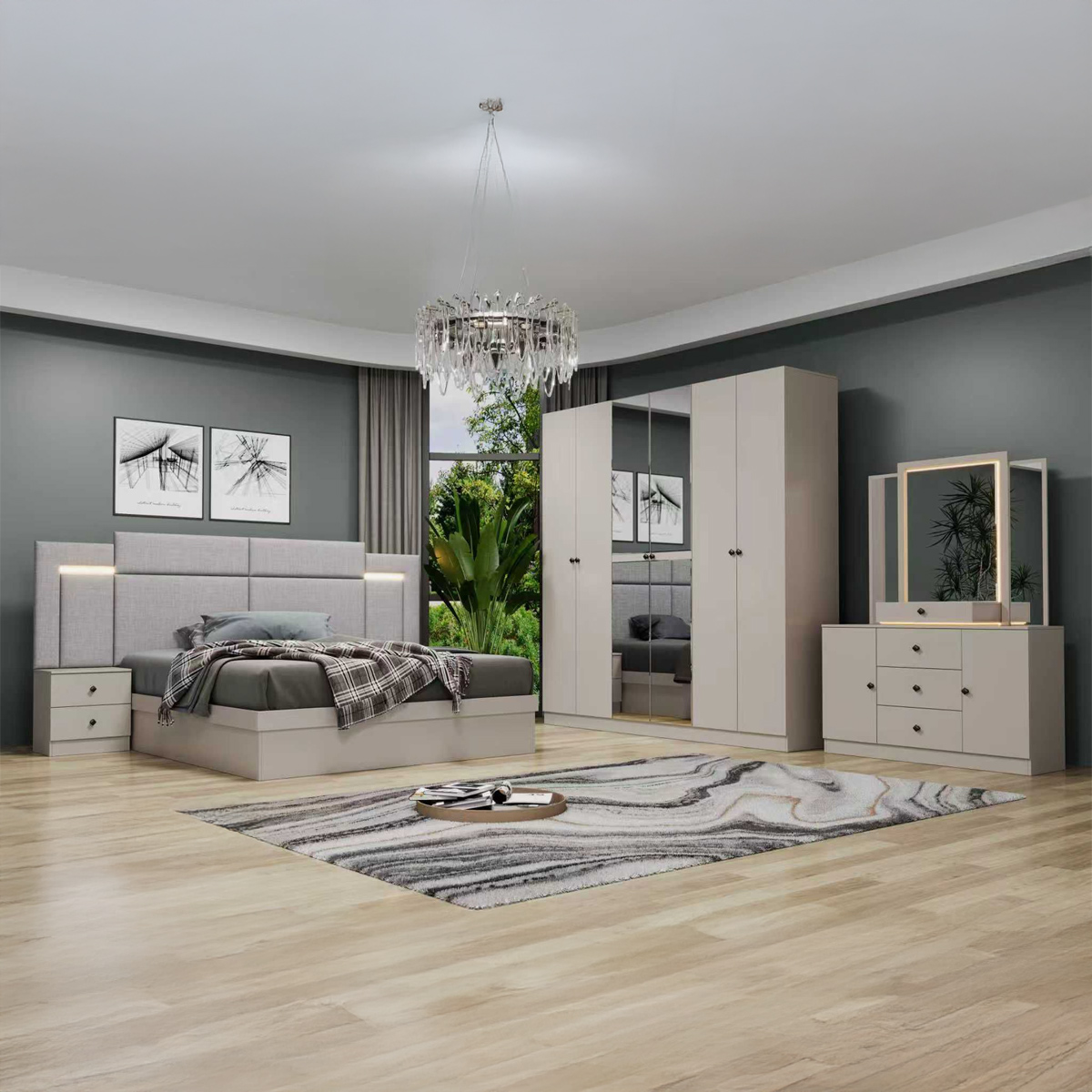 Carve Double Bedroom Set (180x200cm Bed, 6 Doors Wardrobe, 1 Dressing Table, 2 Night Stand)