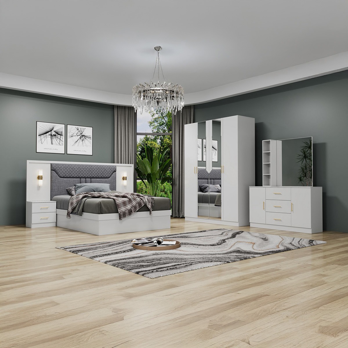Queen Bedroom Set (Bed size 150x190cm, 1x6 Door Wardrobe, 1 Dressing Table & Mirror, 1 Nightstands)