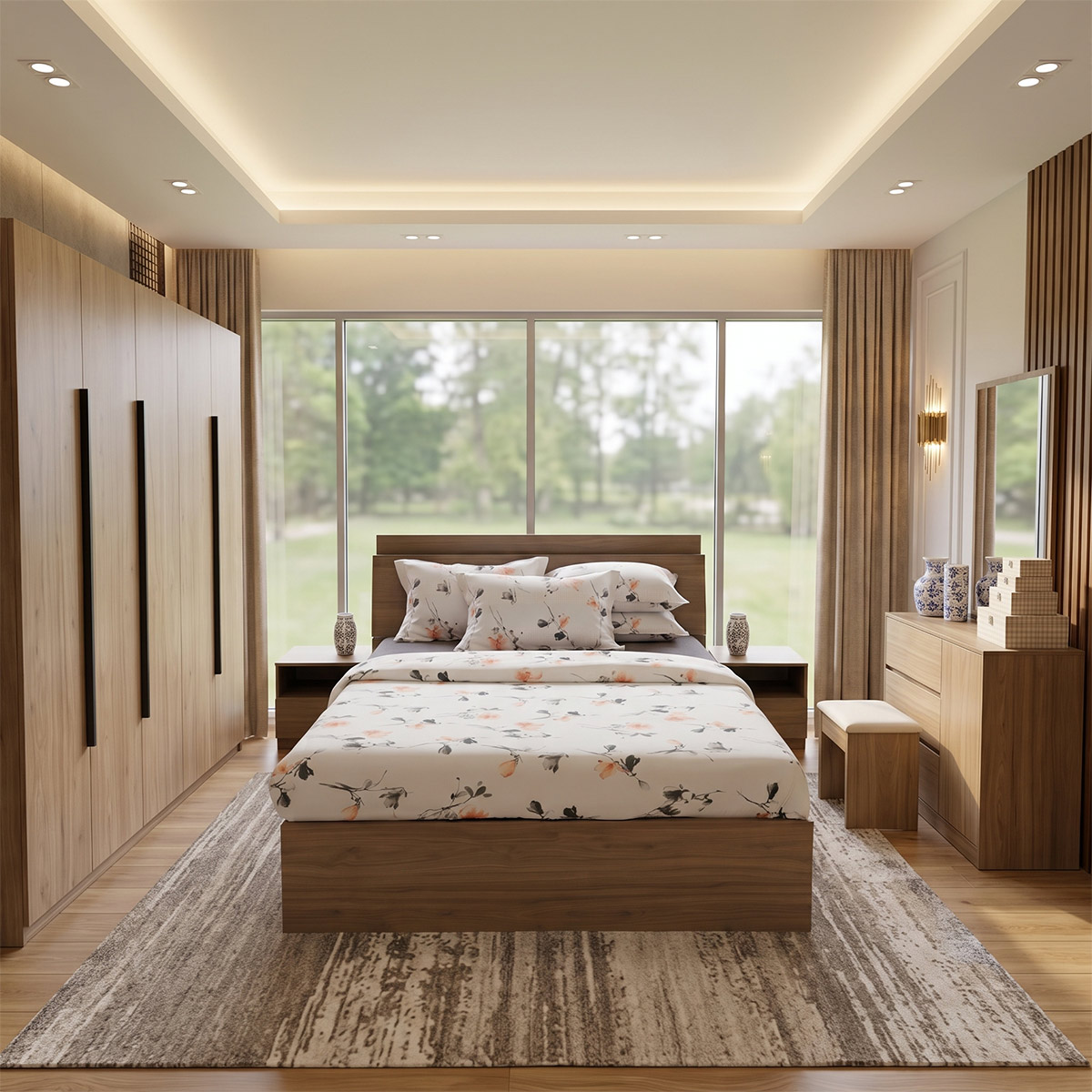 Modern Queen Bed Room Set (150x190cm Bedset, 1x5 Door Wardrobe, 2 Night Stand, 1 Dressing Table With Stool)