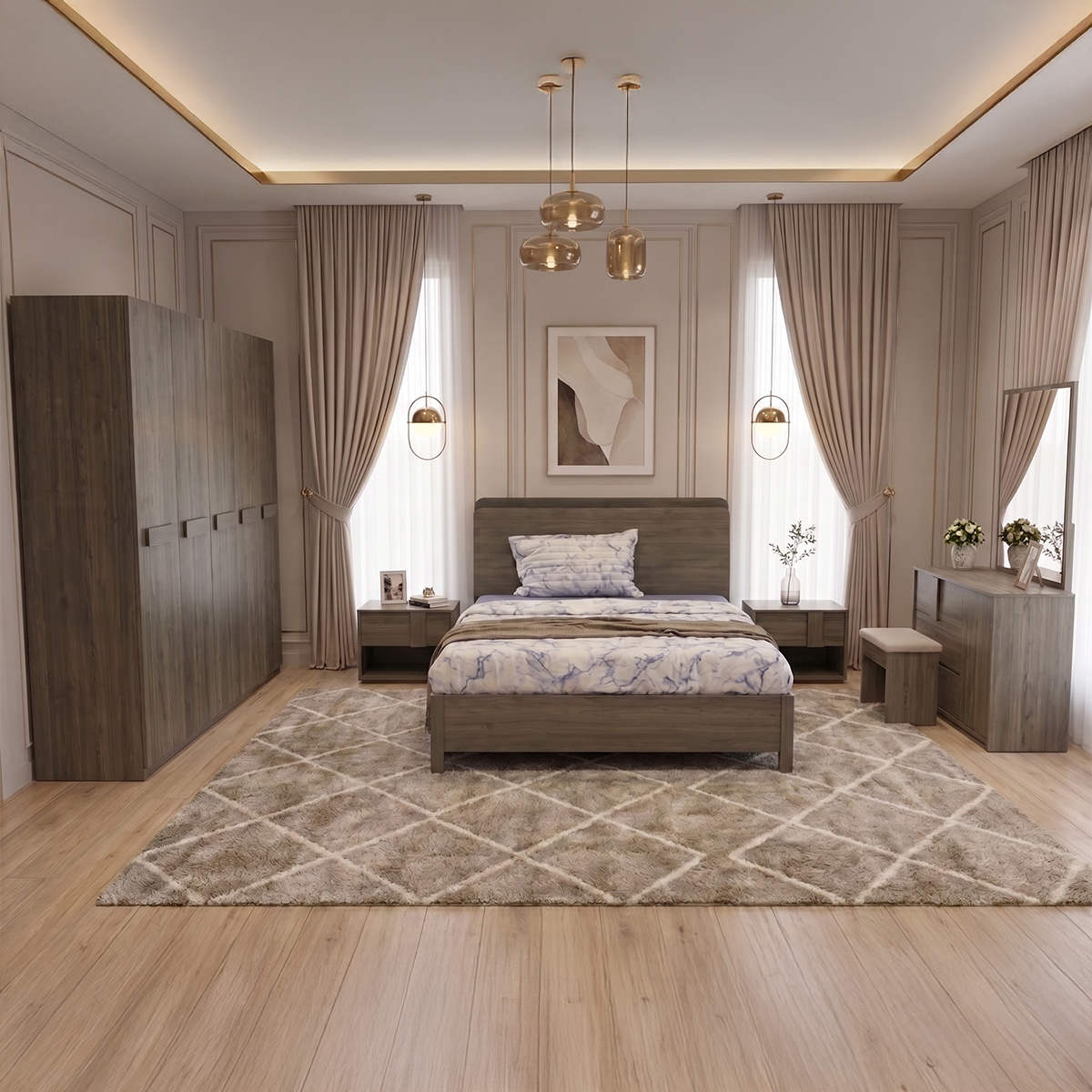 Modern Queen Bedroom Set 150x200cm (5 Door Wardrobes, 2 Night Stand And 1 Dressing Table)